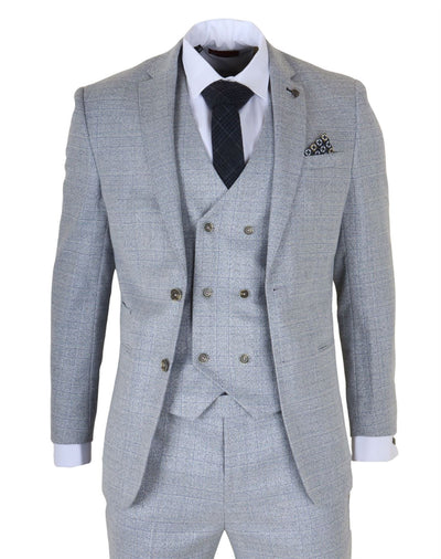 Men's Light Blue Plaid Check 3 Piece Slim Fit Formal Wedding Suit