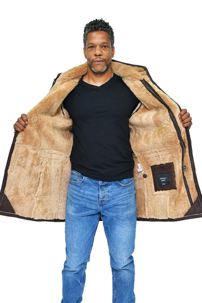 Mens Sheepskin Leather Hooded Duffle Coat-Hanko