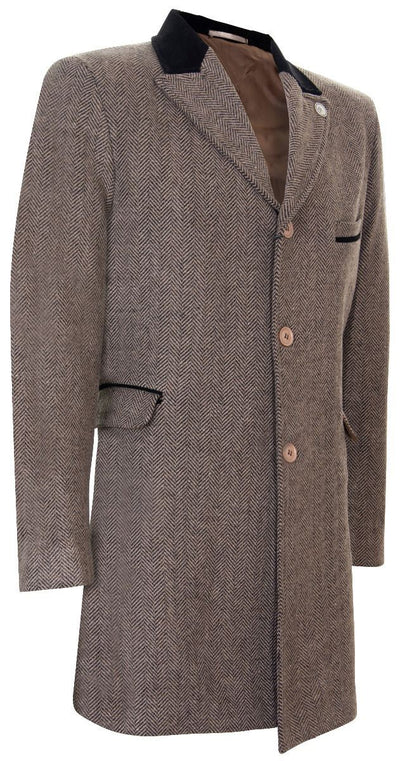 Mens 3/4 Brown Long Crombie Overcoat Jacket Herringbone Tweed Coat Peaky Blinder