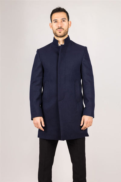 Men's Navy Stand Collar Wool Blend Overcoat
