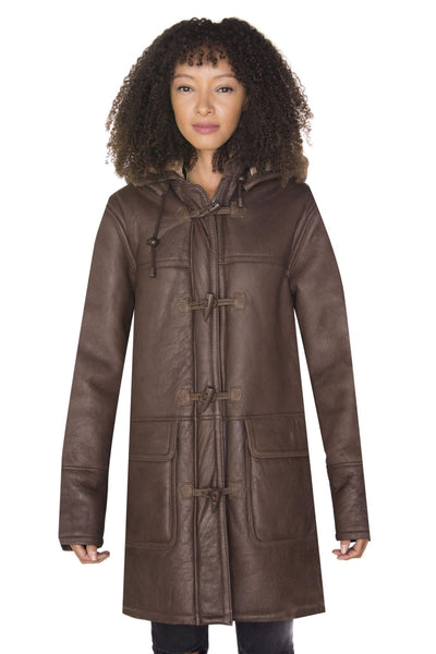 Womens Brown Hooded Sheepskin Leather Duffle Coat-Rugby