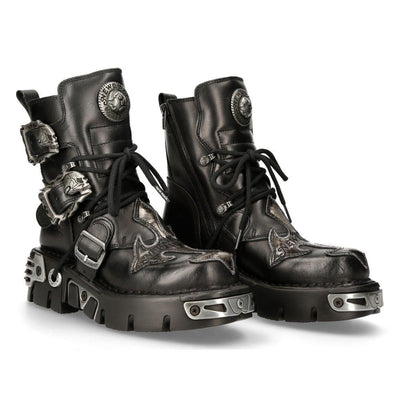 New Rock Silver Cross Black Leather Biker Boots-407-S1