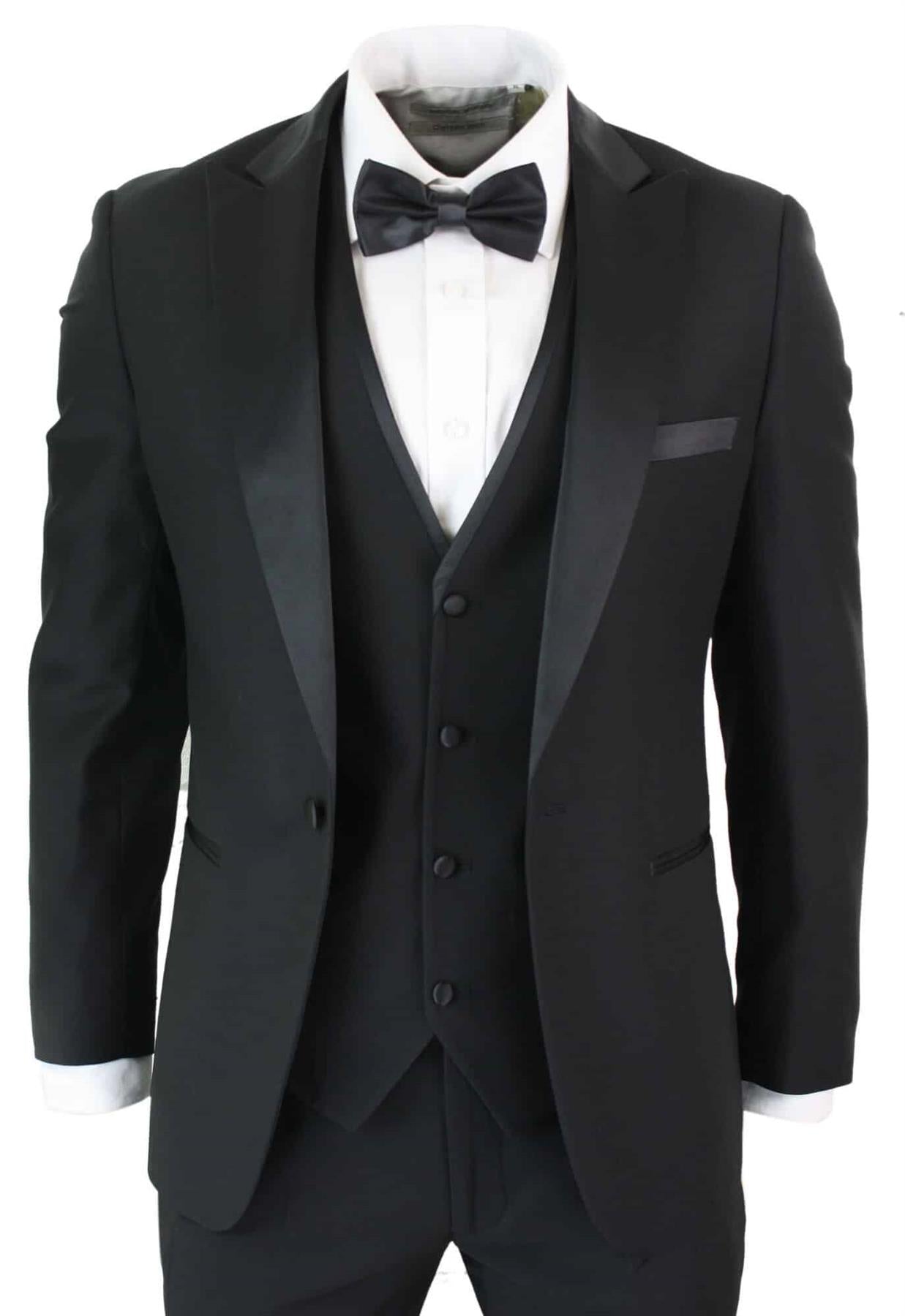 Mens 3 Piece Black Tuxedo Suit Classic Satin Dinner Tailored Fit Wedding Prom