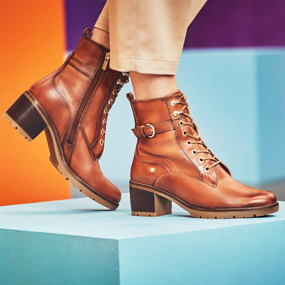 Pikolinos Women’s Brandy Brown Leather Mid-Heel Combat Ankle Boots - Llanes