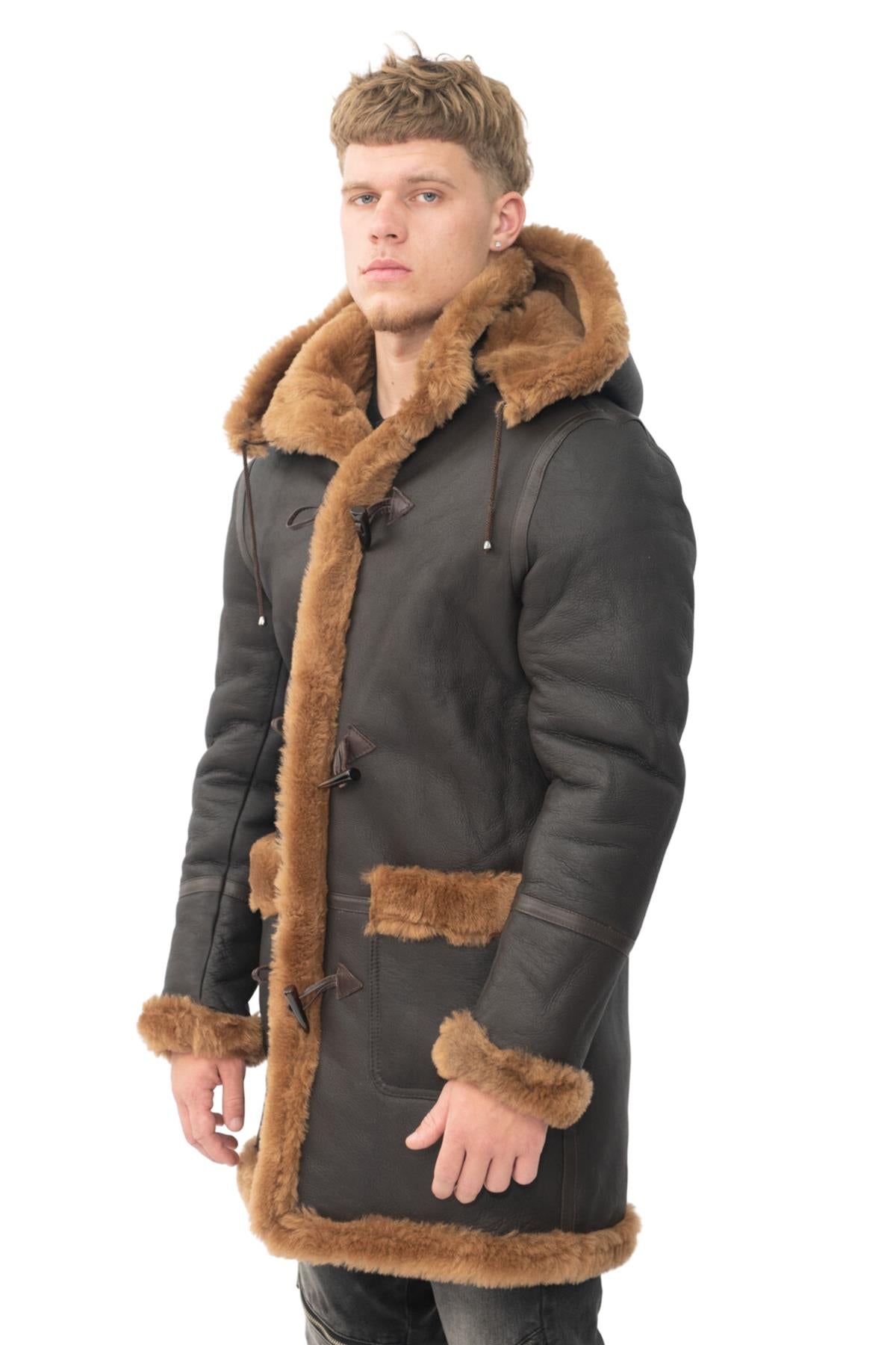 Mens Winter Sheepskin Hooded Duffle Coat-Isleworth