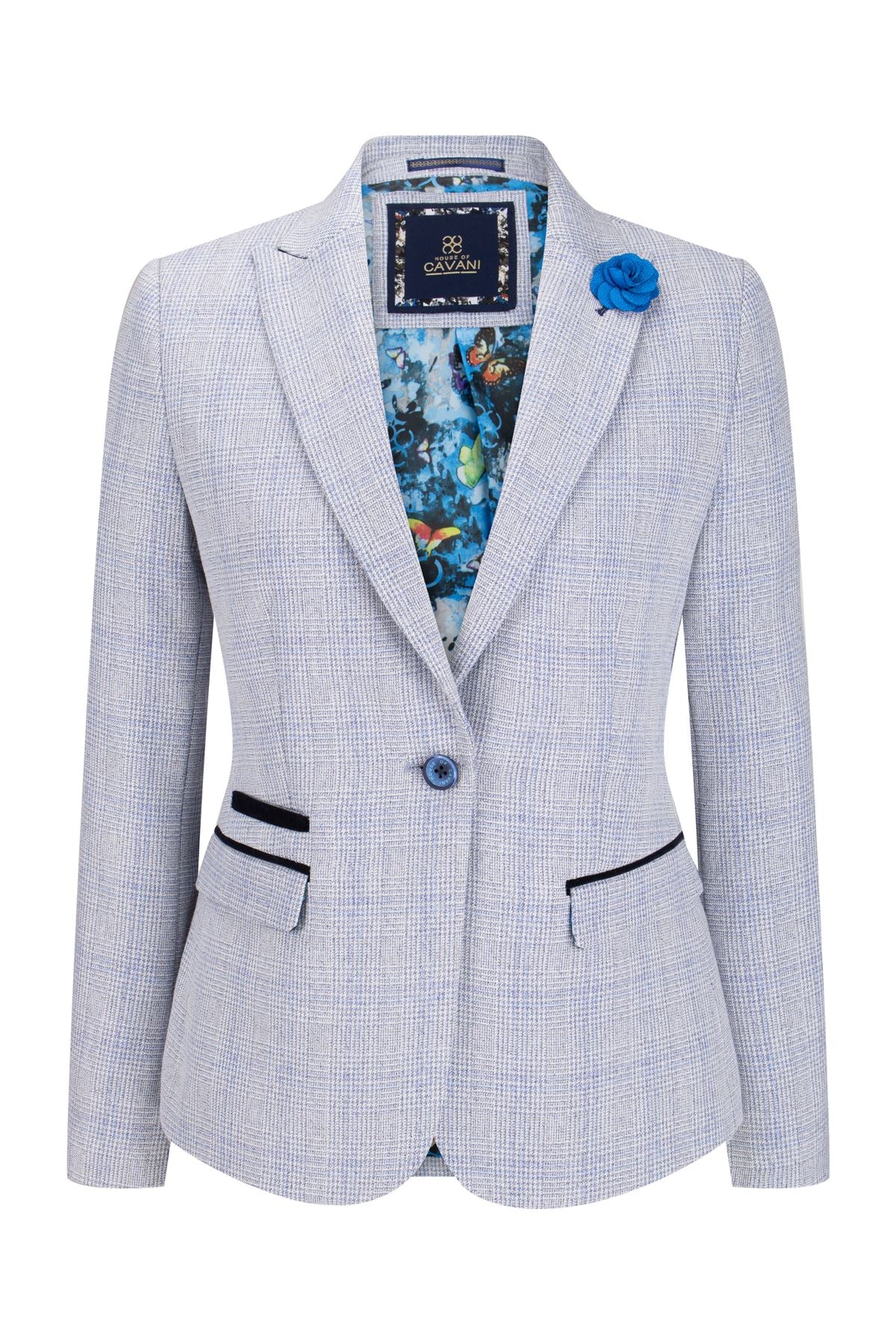 Womens Blue Check Blazer Wool Blend Herringbone Tweed