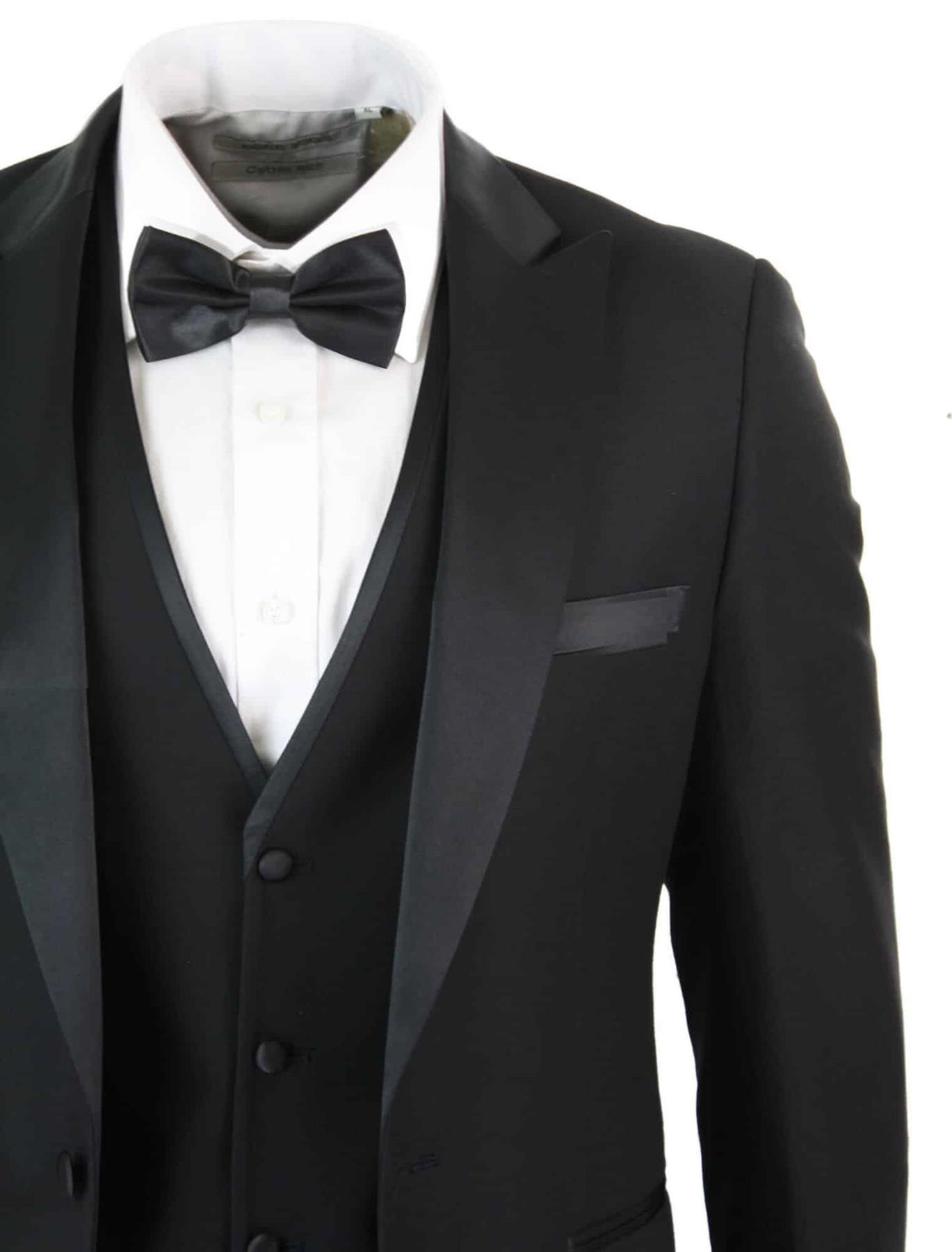 Mens 3 Piece Black Tuxedo Suit Classic Satin Dinner Tailored Fit Wedding Prom