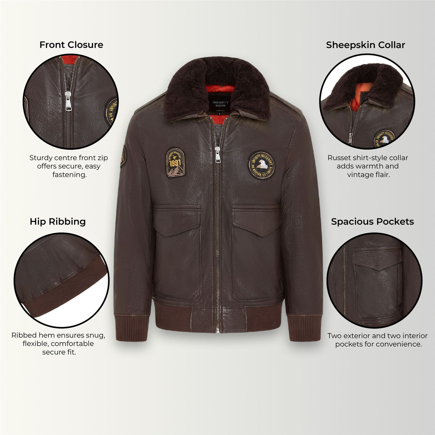 Men's Leather Bomber Sheepskin Collar G-1 Aviator Jacket - Linear