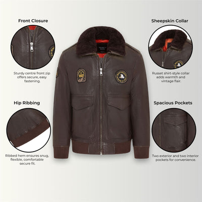 Men's Leather Bomber Sheepskin Collar G-1 Aviator Jacket - Linear