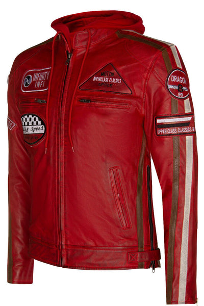 Mens Racing Hooded Leather Biker Jacket-Detroit