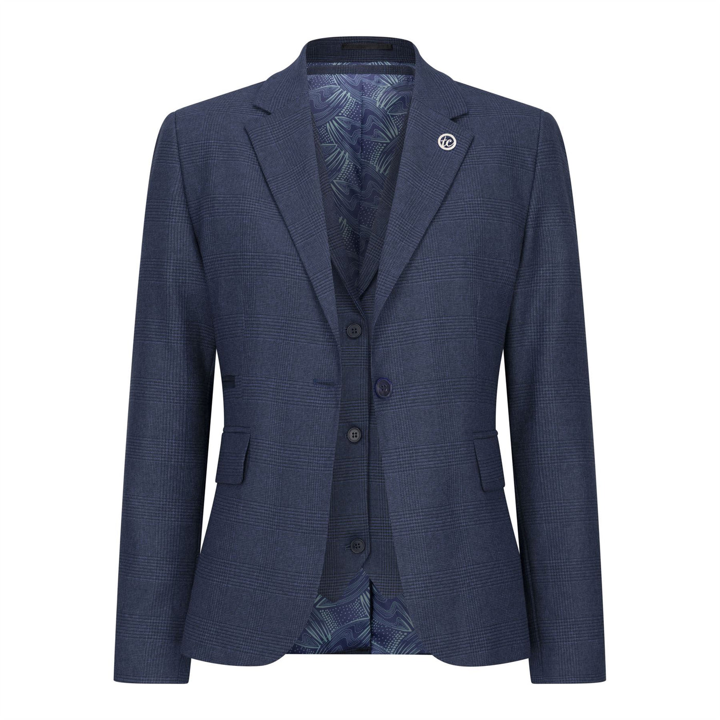 Women's Navy Three-Piece Tailored Fit Suit in Prince of Wales Check