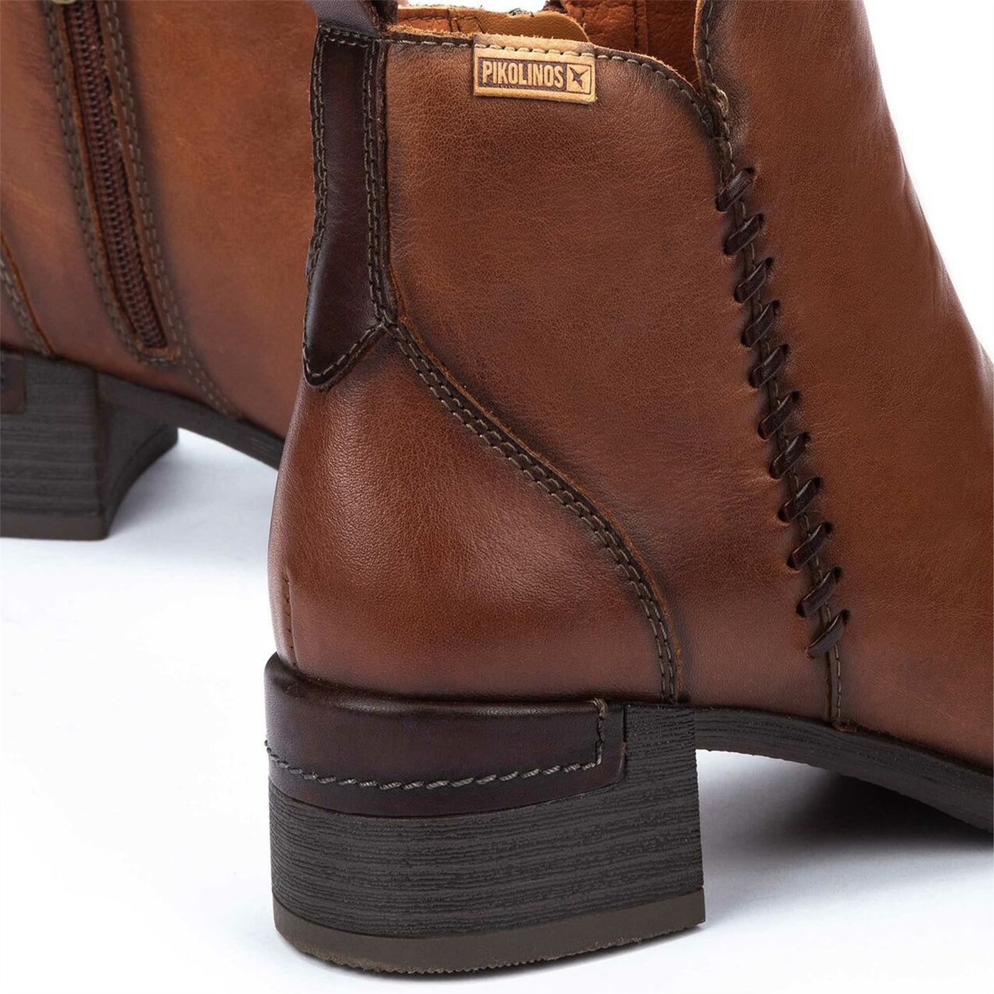 Women's Pikolinos Malaga Cuero Brown Leather Ankle Bootie Zip Mid-Heel Everyday Boots