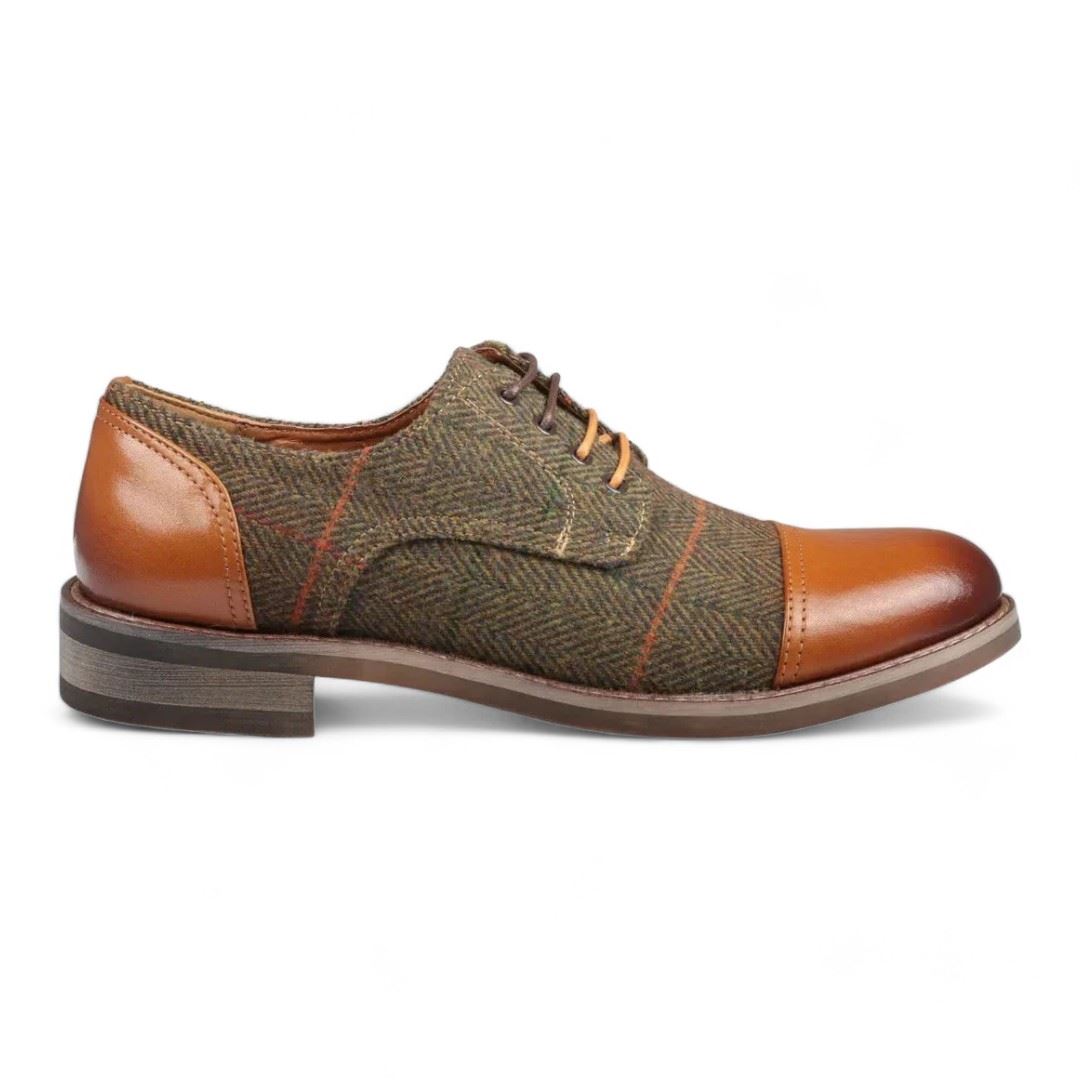 Justin Reess Men's Brown Leather Tweed Oxford Shoes - Theon