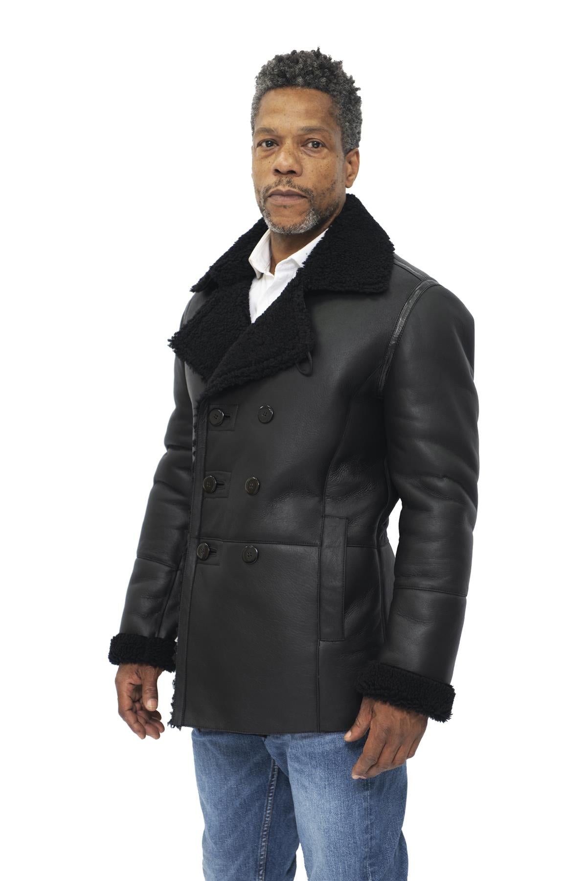 Mens Double Breasted Shearling Sheepskin Pea Coat-Kington