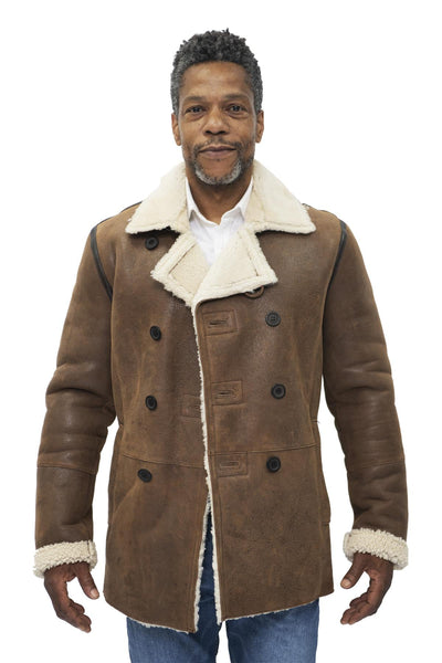 Mens Double Breasted Shearling Sheepskin Pea Coat-Kington