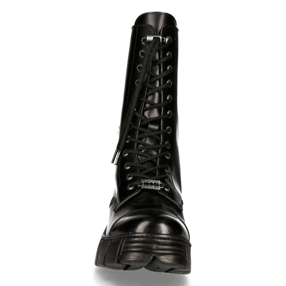 New Rock Black Leather Mid-Calf Tower Biker Boots-M-WALL127N-C1
