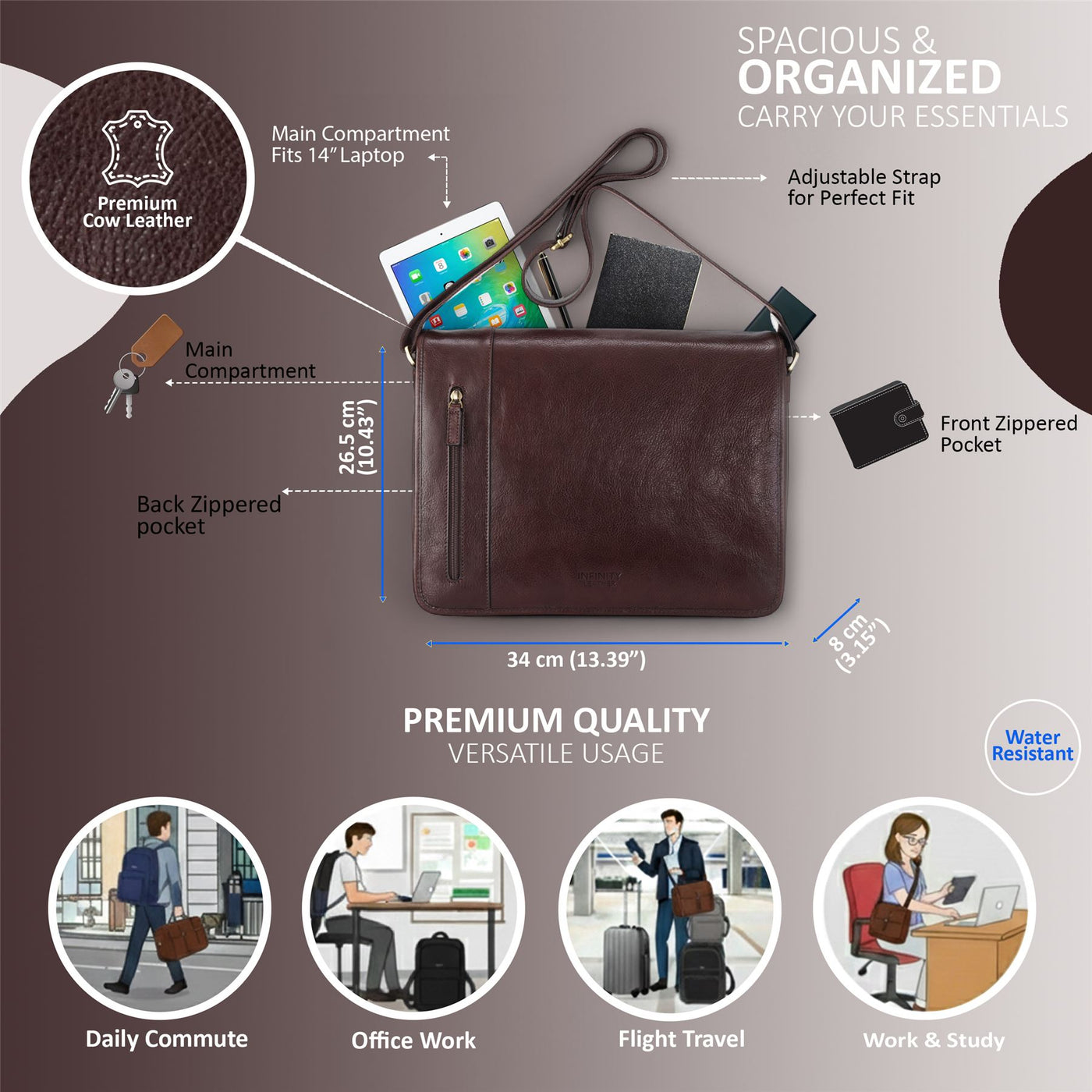 Genuine Leather Laptop Satchel Messenger Shoulder Bag - Astor