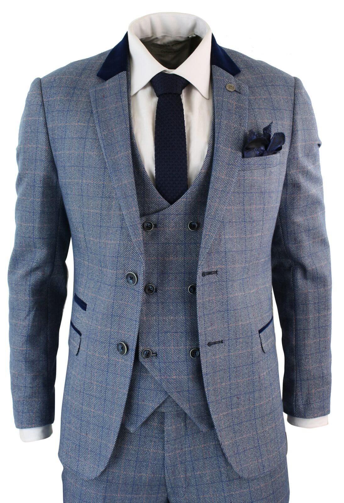 Mens 3 Piece Blue Grey Herringbone Check Suit