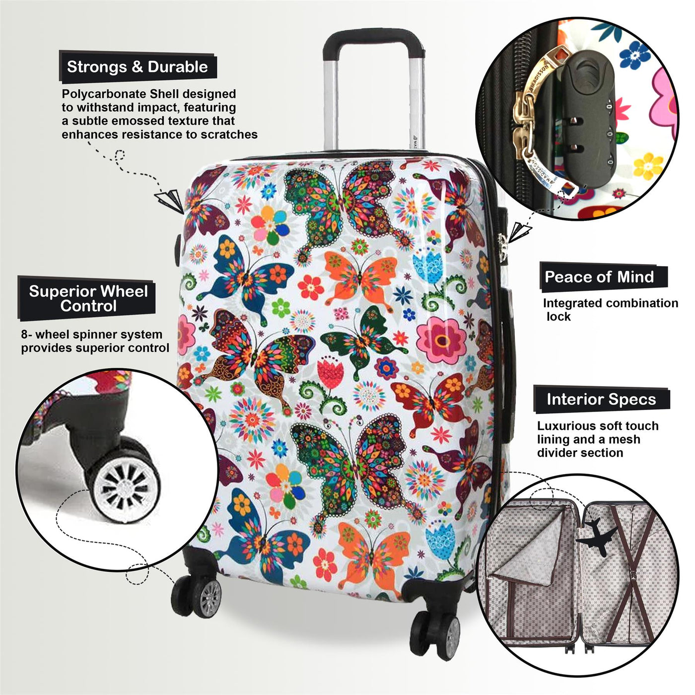 Hard Shell 4 Wheel Suitcase Print Luggage Cabin Travel Bag
