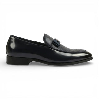 Mens Navy Blue Textured Front Iconic Buckle Bow Loafers Shoes
