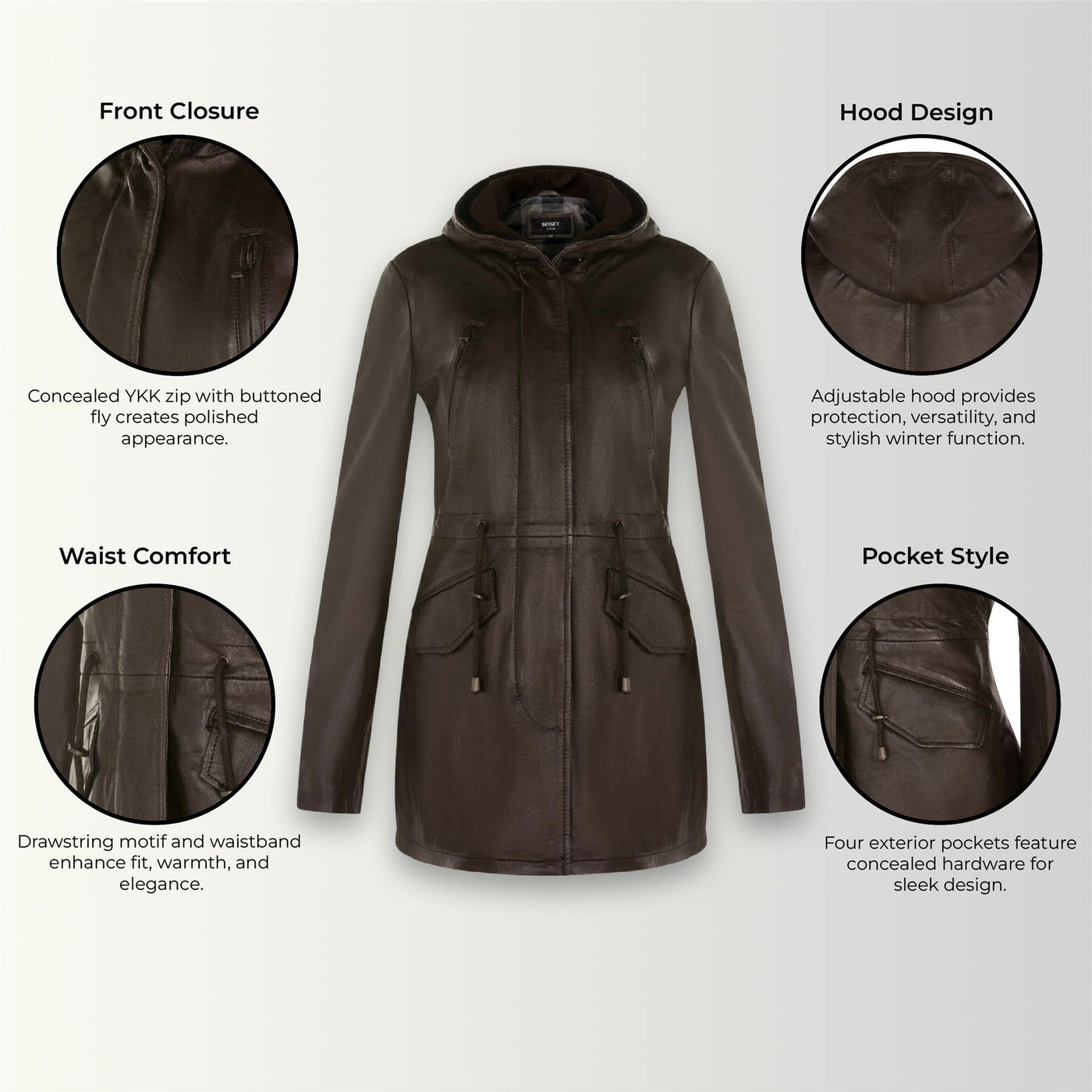 Giacca parka con cappuccio in pelle da donna - Bucarest