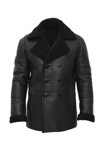 Mens Double Breasted Shearling Sheepskin Pea Coat-Kington