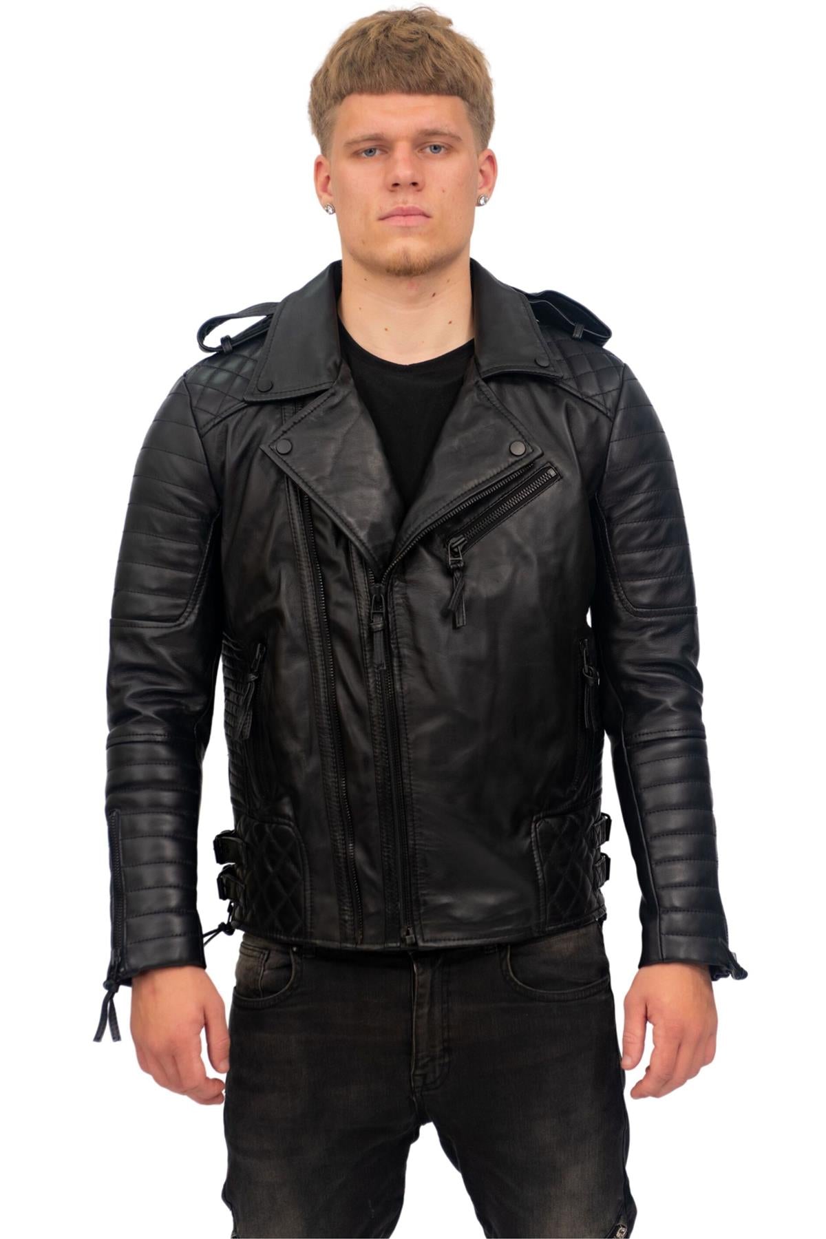 Mens Slim-Fit Double Zip Brando Leather Biker Jacket-Cairo