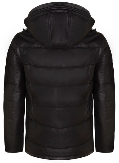Mens Black Puffer Leather Quilted Warm Bomber Hooded Jacket