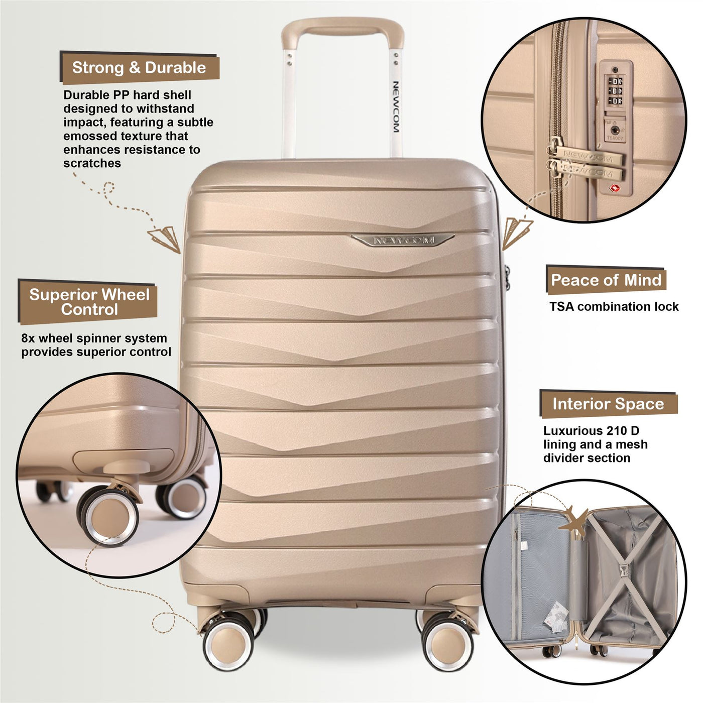 Hard Shell Cabin 36 x 22.5 x 56 cm PP Luggage Suitcase Suitable for Easyjet, Ryanair