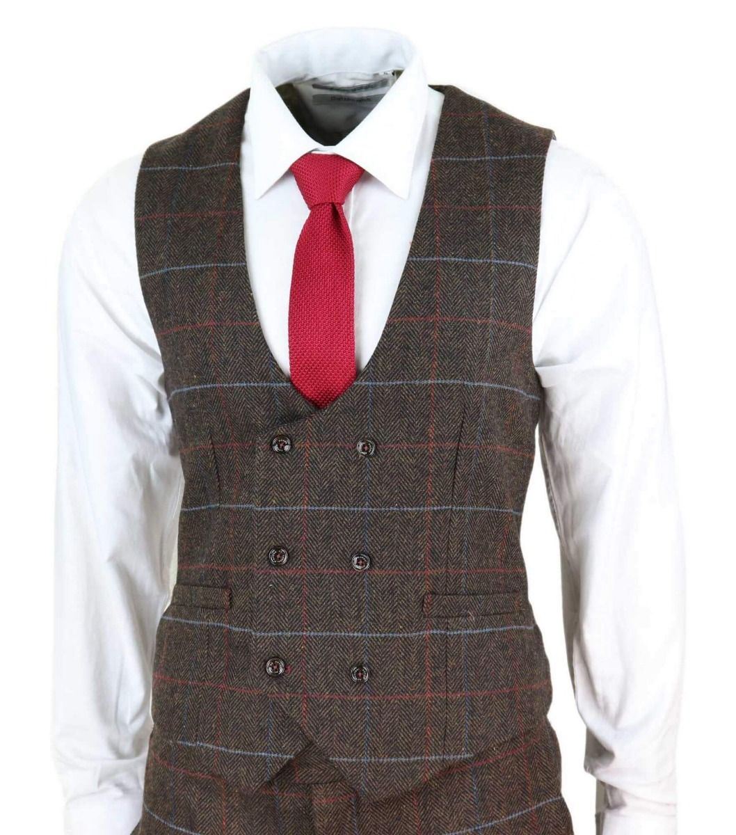 Mens 3 Piece Dark Brown Check Tweed Herringbone Vintage Classic Suit
