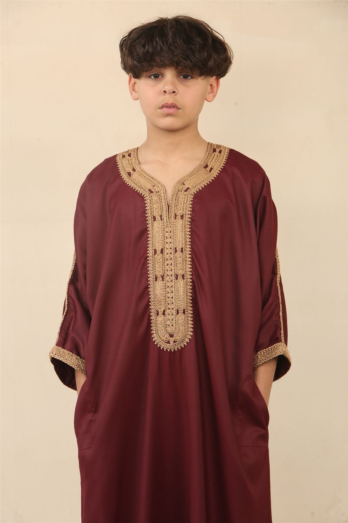 Kid's Boys Burgundy Moroccan Thobe Jubba Robe Eid Djellaba Gandoura