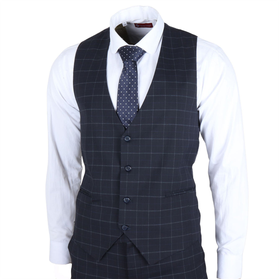 Men's Navy Checked 3 Piece Suit Tailored Fit – Infinity Leather