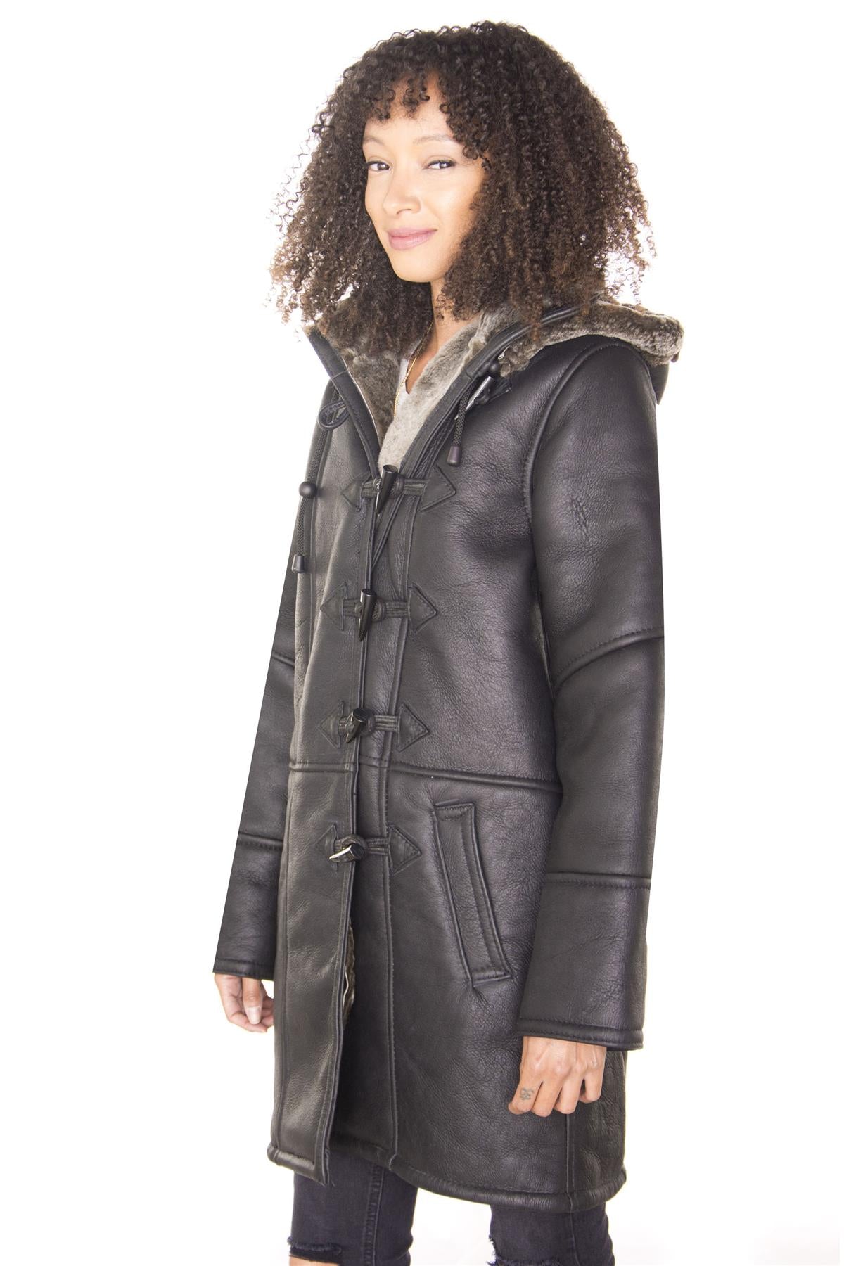 Womens Black Shearling Hooded Duffle Coat-Lille