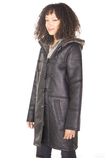 Womens Black Shearling Hooded Duffle Coat-Royston