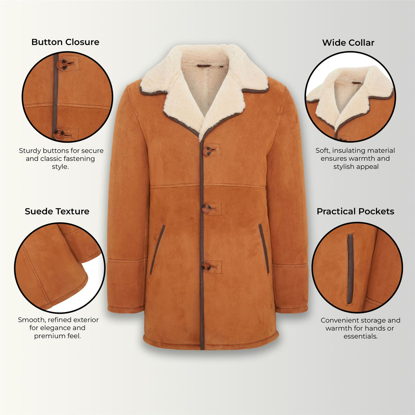 Mens Tan Shearling Sheepskin Car Coat - Cordova