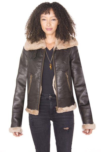 Womens Brown B3 Sheepskin Leather Flying Jacket-Portland