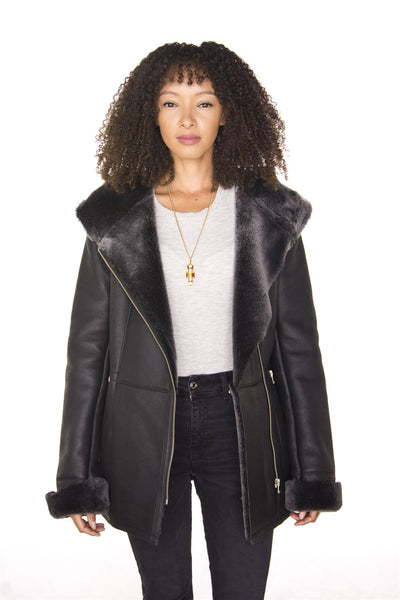 Womens Black Hooded Merino Sheepskin Jacket-Mandalay