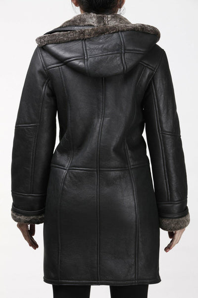 Womens Black Shearling Hooded Duffle Coat-Lille