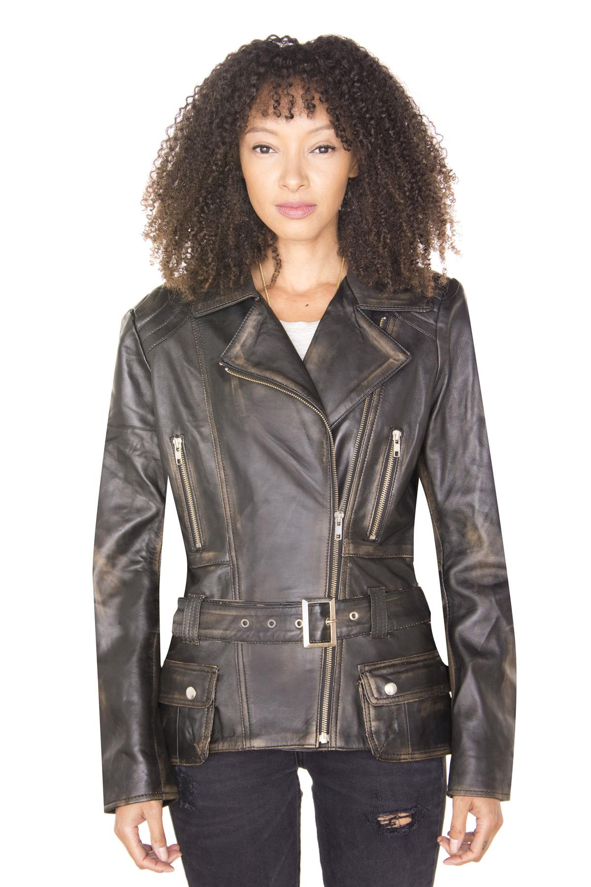 Womens Long Leather Biker Jacket-Quito