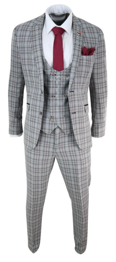 Mens 3 Piece Grey Check Retro Vintage Classic Suit