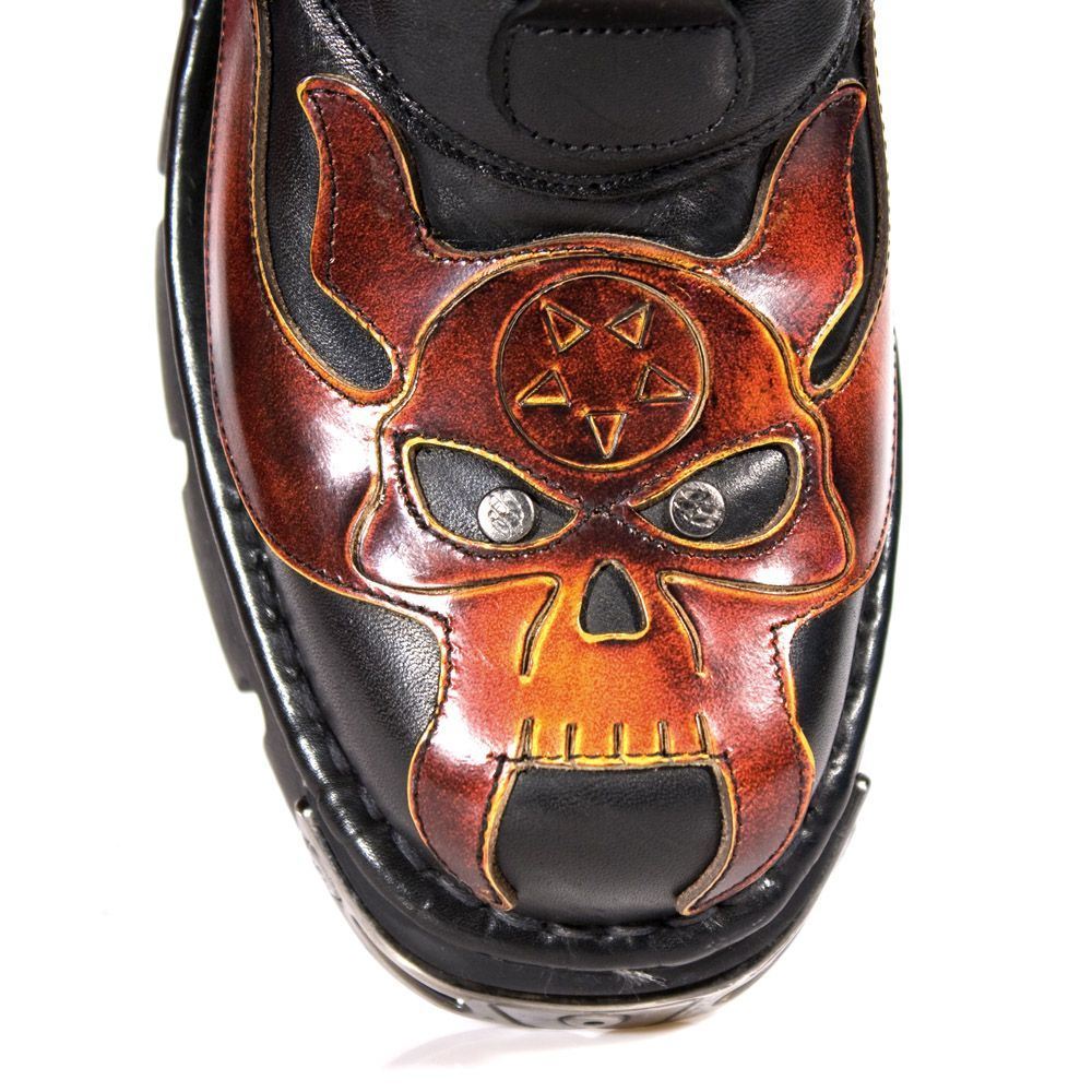 New Rock Flame Accented Black/Red Leather Biker Skull Boots - 107