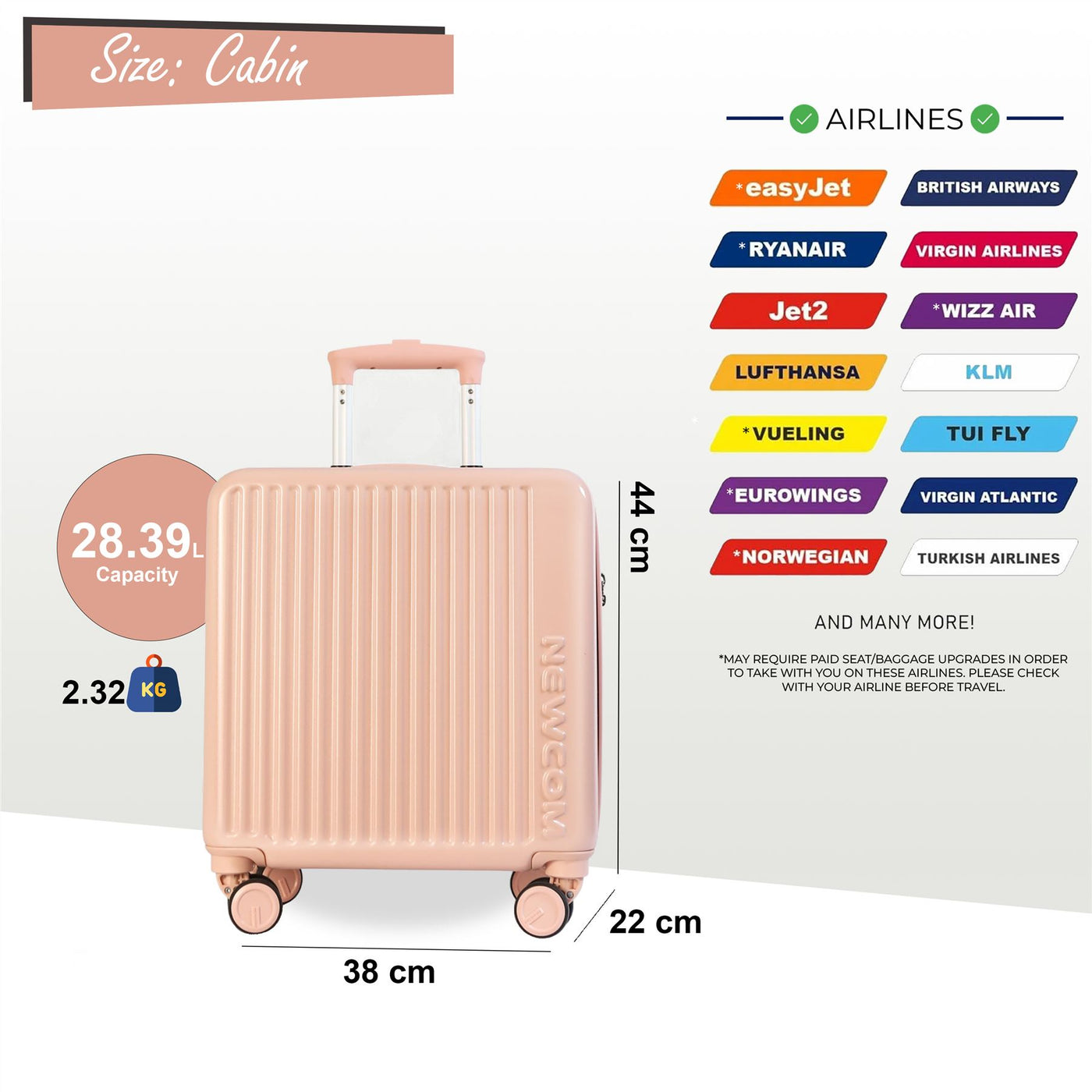 Hard Shell Cabin 44 x 22 x 38 cm TSA Secure Luggage Suitcase Suitable for Easyjet, Ryanair