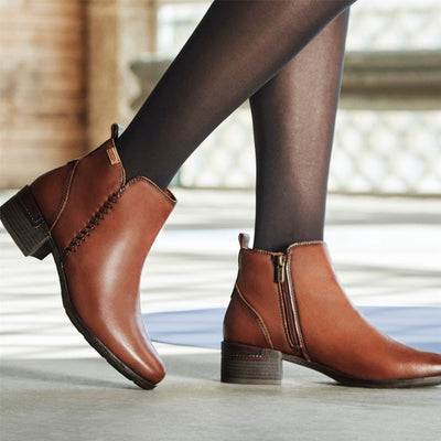 Women's Pikolinos Malaga Cuero Brown Leather Ankle Bootie Zip Mid-Heel Everyday Boots