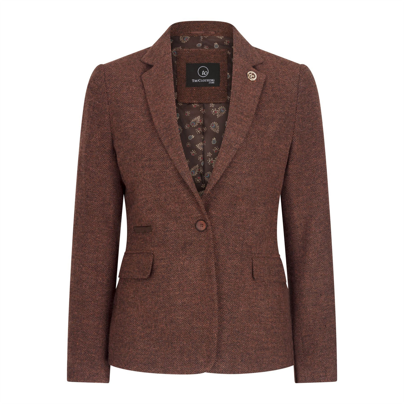 Women's Rust Brown Herringbone Wool Tweed Check Blazer