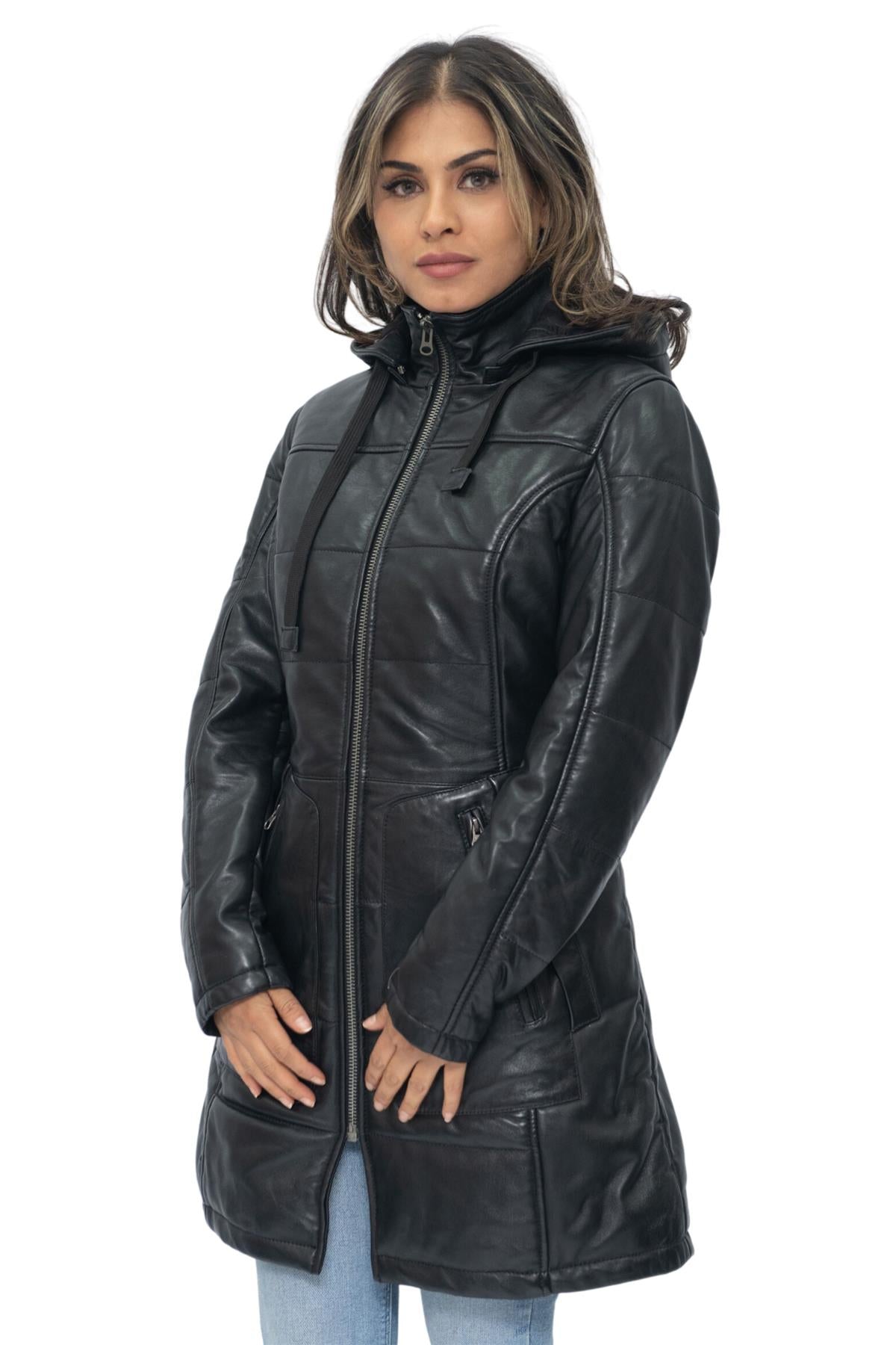 Women's Leather Quilted Parka Coat-Allentown