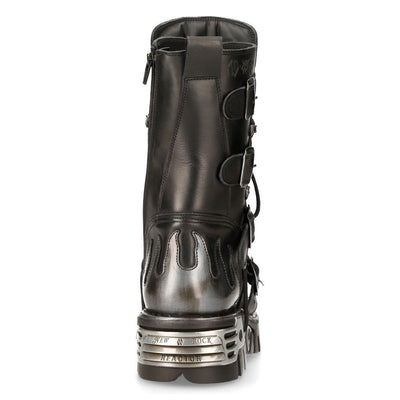 New Rock Flame Accented Black/Silver Leather Biker Boots- 107-S2