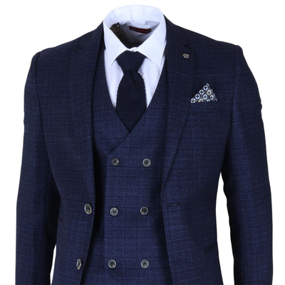 Men's Blue Plaid Check 3 Piece Slim Fit Formal Wedding Suit