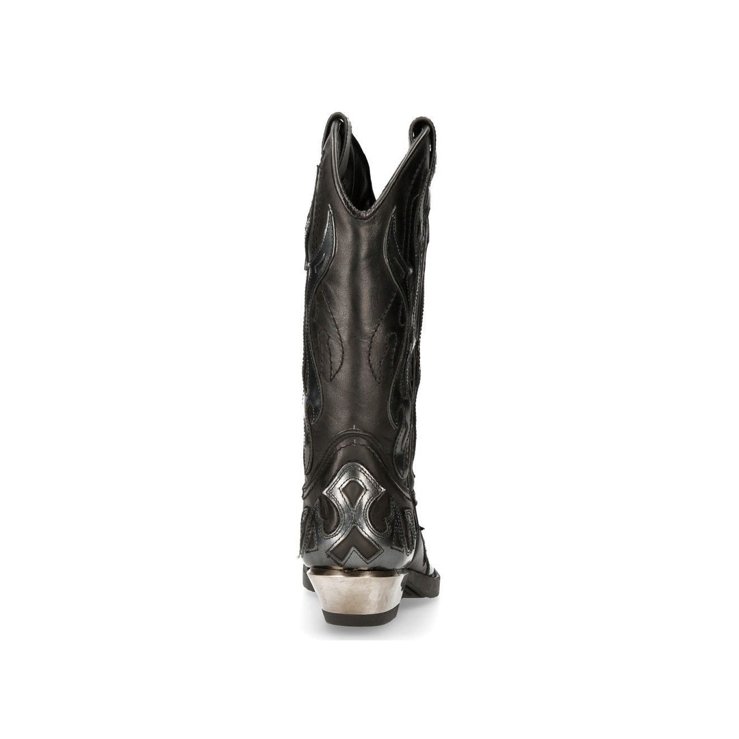New Rock Flame Accented Black/Silver Leather Biker Cowboy Boots- M