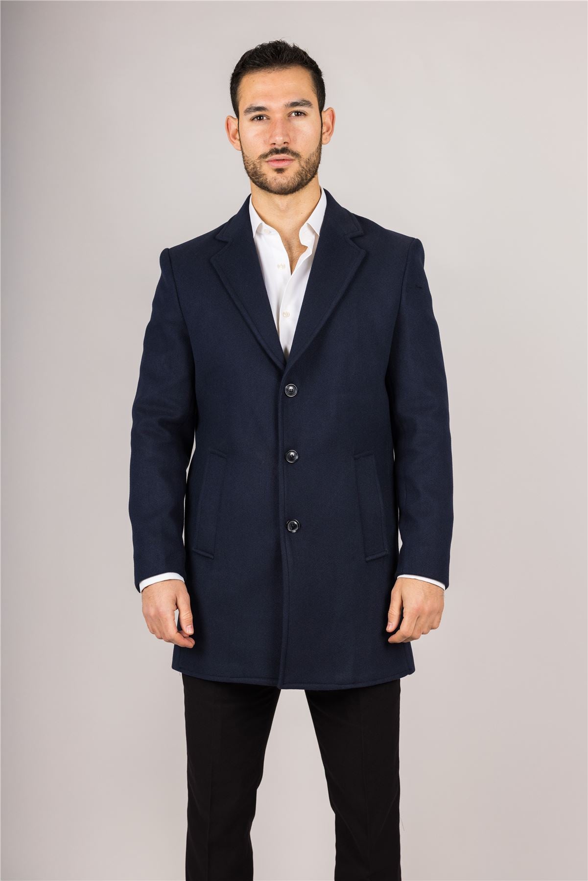 Men's Notched Lapel Collar Wool Blend Navy Overcoat