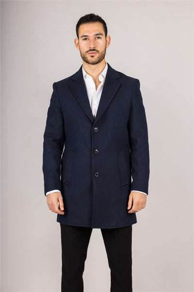 Men's Notched Lapel Collar Wool Blend Navy Overcoat